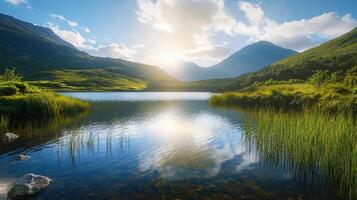A lake with mountains in the background photo