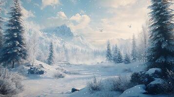 A snowy landscape with a mountain in the background photo