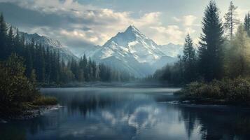 A beautiful mountain range with a lake in the foreground photo