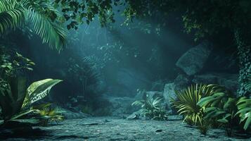A jungle scene with a large rock in the foreground photo