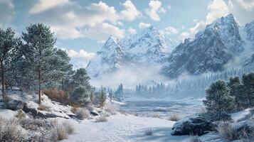 A snowy mountain range with a lake in the foreground photo