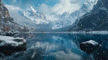 A snowy mountain range with a lake in the foreground photo