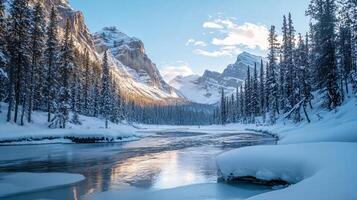 A snowy mountain range with a river running through it photo
