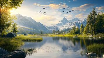 A beautiful mountain landscape with a lake and a flock of birds flying over it photo