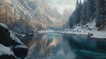 A beautiful snowy landscape with a river running through it photo