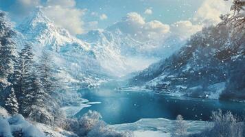 A snowy mountain range with a river running through it photo