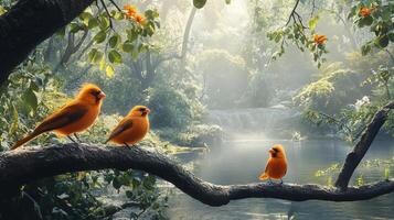 Three birds are perched on a tree branch by a body of water photo
