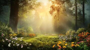 A forest with a field of flowers and trees photo