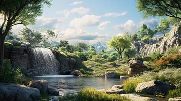 A beautiful landscape with a waterfall and a mountain in the background photo