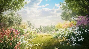 A lush green field with a path through it and a blue sky above photo