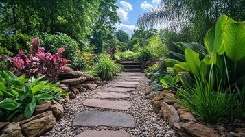 A path through a garden with a stone walkway and a variety of plants photo