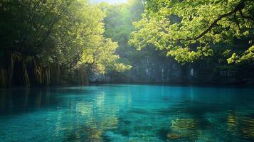 A beautiful body of water with trees in the background photo