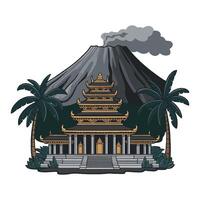 A temple with a volcano in the background vector