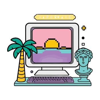 An old computer with a palm tree and a statue vector