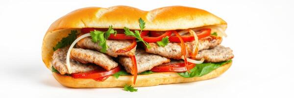 Delicious sandwich filled with grilled meat, fresh vegetables, and herbs on a soft bun photo