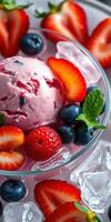 Delicious berry-flavored ice cream served with fresh fruits in a bowl on a summer day photo