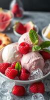 Delicious raspberry ice cream served with fresh berries and mint leaves in a cozy dessert setting photo