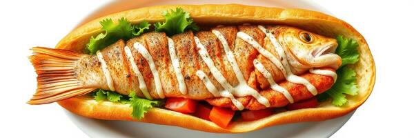 Delicious fish sandwich topped with fresh lettuce and sauce served on a toasted bun photo