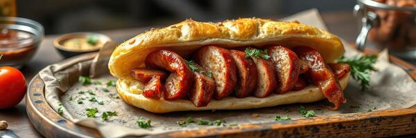 Savory sausage sandwich on freshly baked bread with herbs and spices served on a rustic wooden table photo