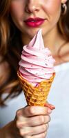 Enjoying a delicious swirl of strawberry ice cream on a warm sunny day in a vibrant city setting photo