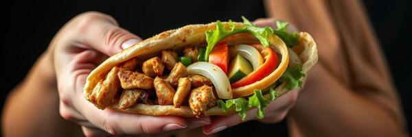 Delicious chicken wrap filled with fresh vegetables held in hands ready for a flavorful bite photo
