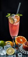 Refreshing fruity cocktail with citrus slices and mint served in a tall glass photo