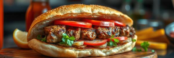 Savory grilled chicken sandwich with fresh vegetables served on a wooden board photo