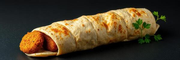 Delicious falafel wrap with fresh herbs served on a dark background photo