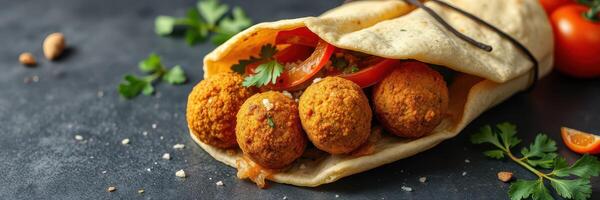Delicious falafel wrap filled with fresh vegetables and herbs showcases a vibrant culinary experience photo