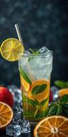 Refreshing citrus and mint beverage with ice and fresh fruit on a dark background photo
