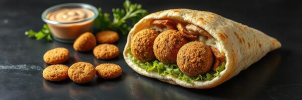 Delicious falafel wrap served with dipping sauce and crispy snacks on a dark table photo