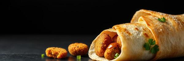 Deliciously wrapped tortillas filled with crispy snacks on a dark background photo