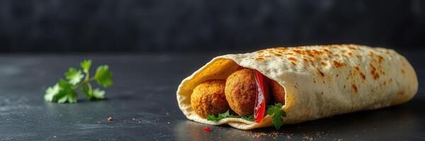 Delicious falafel wrap with fresh vegetables, served on a dark background for an appetizing look photo