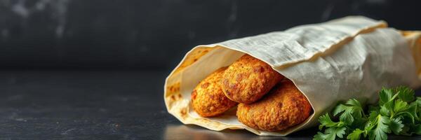 Deliciously wrapped falafel served with fresh herbs and greens on a dark background photo