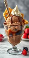 Delicious dessert with chocolate ice cream, whipped cream, and waffles served in a clear glass photo