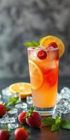 Refreshing summer beverage with strawberries and lemon slices on a dark background photo