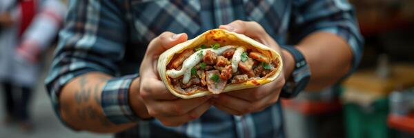 Delicious street food delight featuring a freshly made taco stuffed with flavorful ingredients being held by a person photo