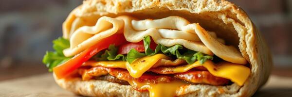 Delicious turkey and cheese sandwich with fresh vegetables on whole grain bread photo