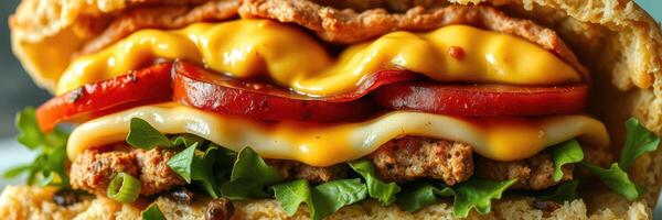Delicious layered sandwich with crispy chicken, cheese, and fresh vegetables served on a warm bun photo