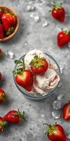 Delicious ice cream dessert topped with fresh strawberries on a gray countertop surrounded by more strawberries photo