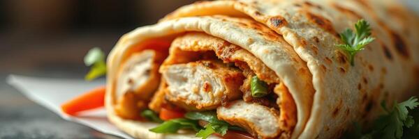 Flavorful chicken wrap served with fresh vegetables and herbs, perfect for a quick meal on the go photo