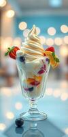 Delicious swirl of soft serve ice cream topped with fresh fruits at a vibrant cafe photo