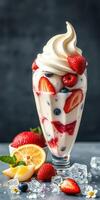 Delicious summer dessert featuring ice cream, fresh fruits, and vibrant toppings photo