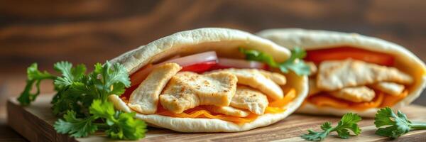 Delicious chicken wraps filled with fresh ingredients on a wooden board photo