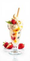 Delicious dessert featuring ice cream, strawberries, and a crunchy wafer served in a glass photo