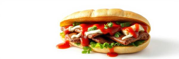 Delicious sandwich loaded with meat, fresh vegetables, and sauces served on a soft bun photo