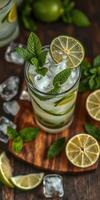 Refreshing lime and mint cocktail served over ice in a rustic setting with garnishes and fresh ingredients photo