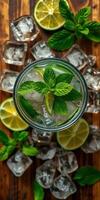 Refreshing mint lime beverage with ice on a wooden table garnished with fresh mint leaves photo