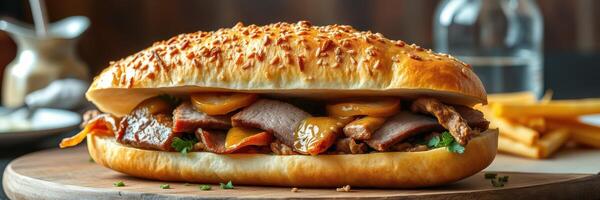 Delicious sandwich filled with roasted meats and melted cheese served with fries in a rustic setting photo