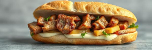 Delicious sandwich with grilled meat and fresh vegetables served on a soft bun at a casual eatery photo